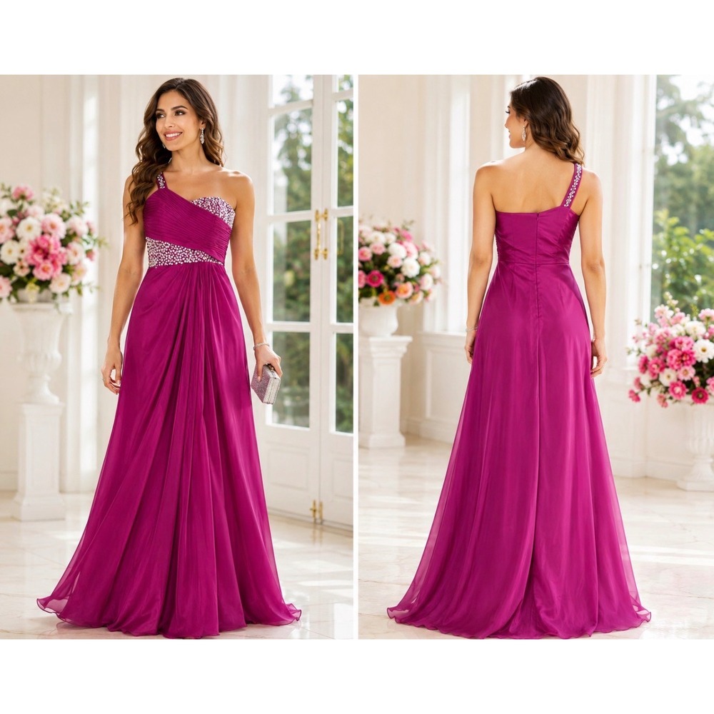 Bridess One Shoulder Magenta Chiffon Beaded Formal Gown Dress Size 2 NEW